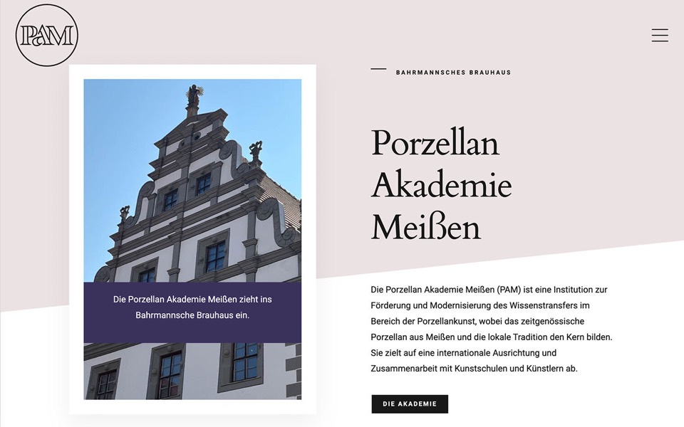 Screenshot der Website Porzellan Akademie Meißen