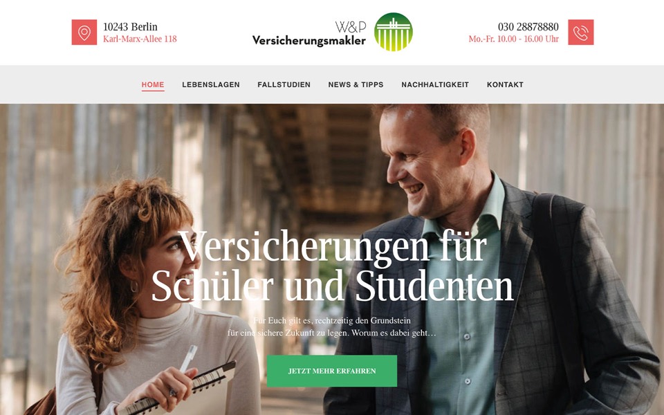 Screenshot der Website WP Versicherungsmakler